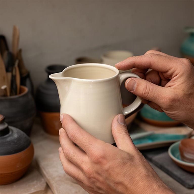 Hände prüfen eine handgefertigte Kaffeekanne in einer europäischen Manufaktur