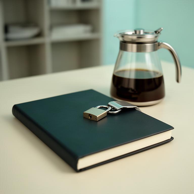 Geschlossenes Notizbuch mit Schloss neben einer Kaffeekanne als Symbol für Datensicherheit