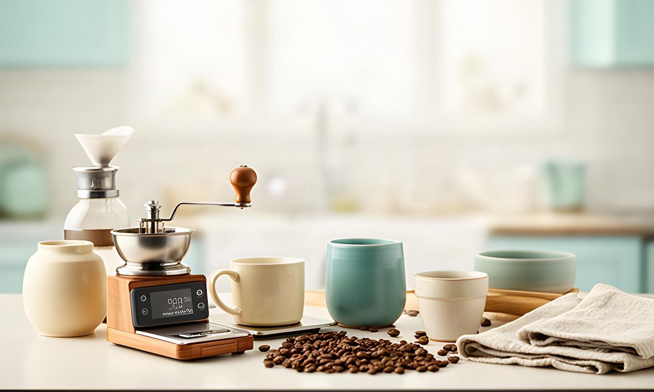Kaffeezubereitung an einem hellen Arbeitstisch mit Handmühle, Waage und Keramikbecher