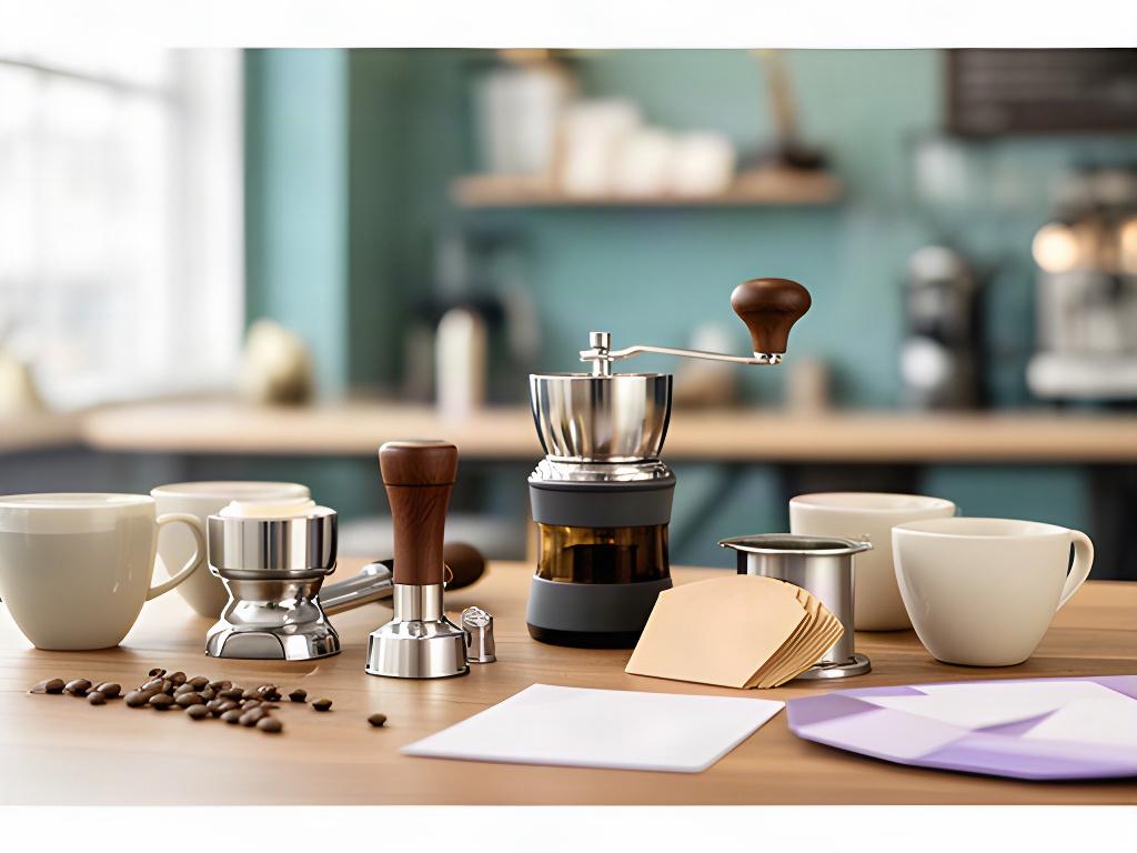 Verschiedene Kaffeeaccessoires wie Handmühle, Tamper und Filter auf einem Beratungstisch