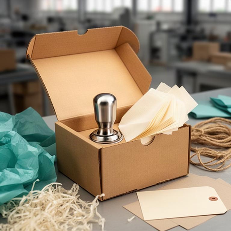 Versandkarton mit Tamper und Filterpapier auf einem Packtisch