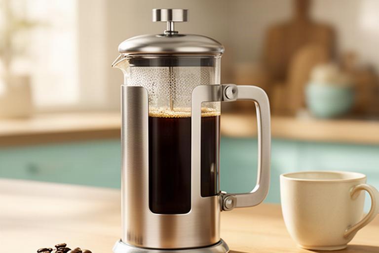 Edelstahl-French-Press mit frisch aufgebrühtem Kaffee auf einem Küchentisch
