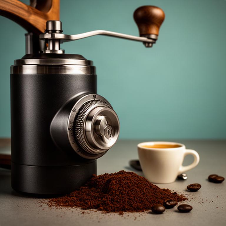 Manuelle Kaffeemühle mit Einstellring und frisch gemahlenem Kaffee