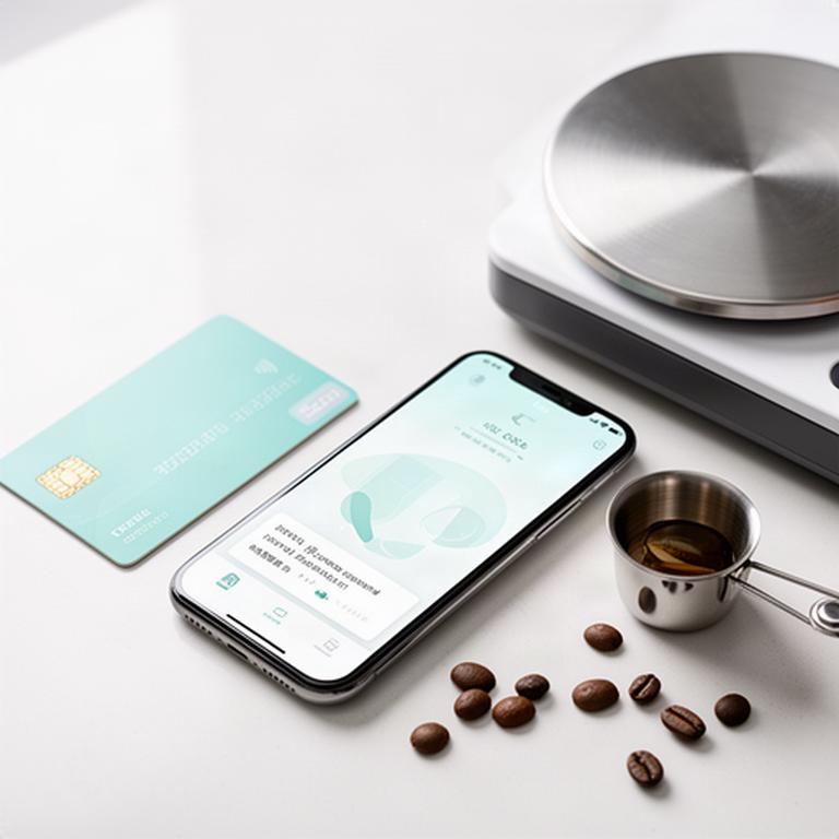 Kreditkarte und Smartphone neben einer Kaffeewaage auf einer hellen Arbeitsfläche