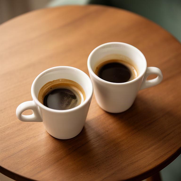 Zwei schlichte Porzellantassen mit Espresso auf einem runden Holztisch