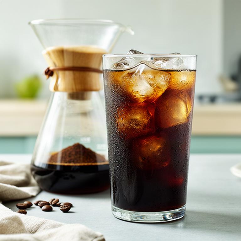 Kalt extrahierter Kaffee in einem hohen Glas mit Eis neben einem Filtergefäss