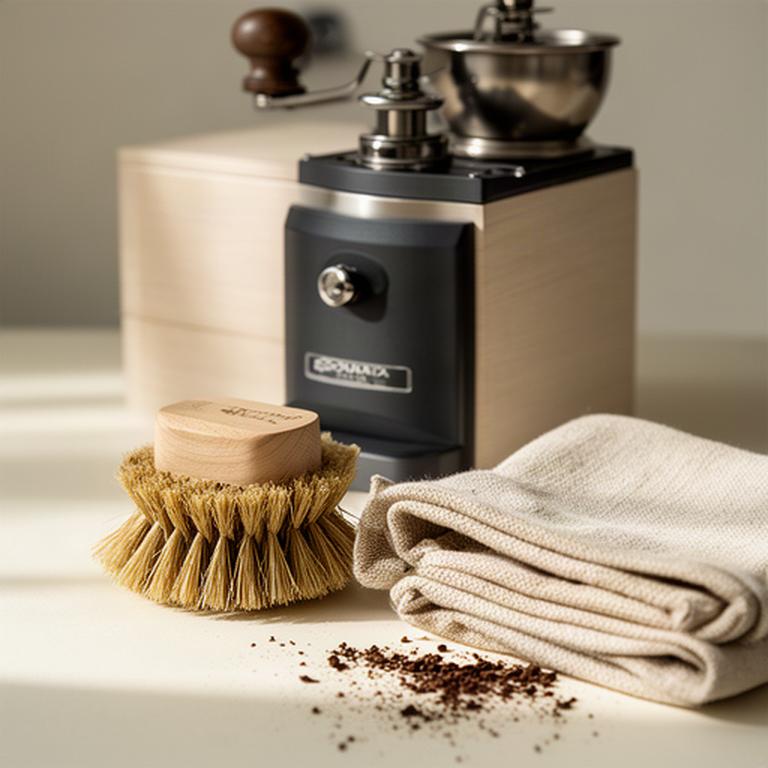 Kleine Reinigungsbürste und Reinigungstuch neben einer Kaffeemühle